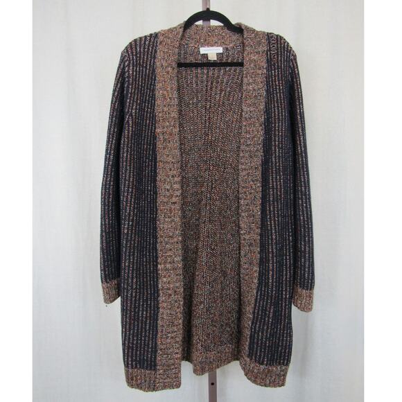 Christopher & Banks Large Thick Knit Cardigan Open Front Long Line Black Cotton - Picture 1 of 10